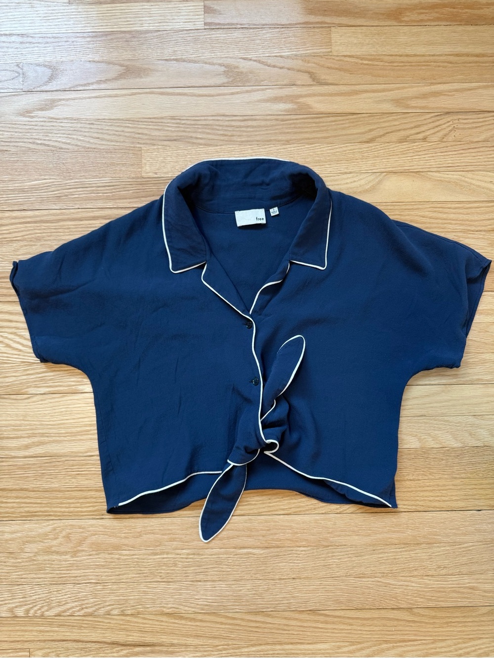 Wilfred Navy Blue Tie-Front Blouse with White Piping